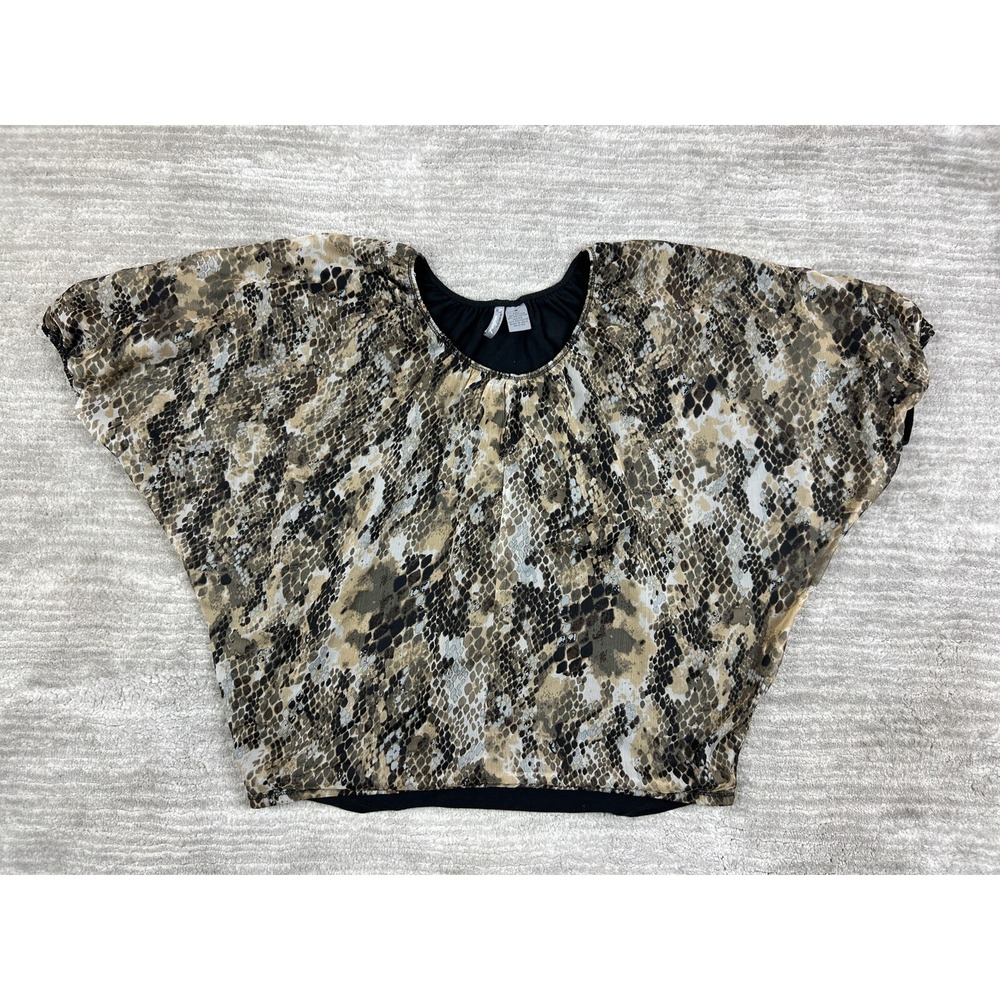 New Directions Weekend Blouse Women Small Brown Snakeskin Dolman Mixed Media Top